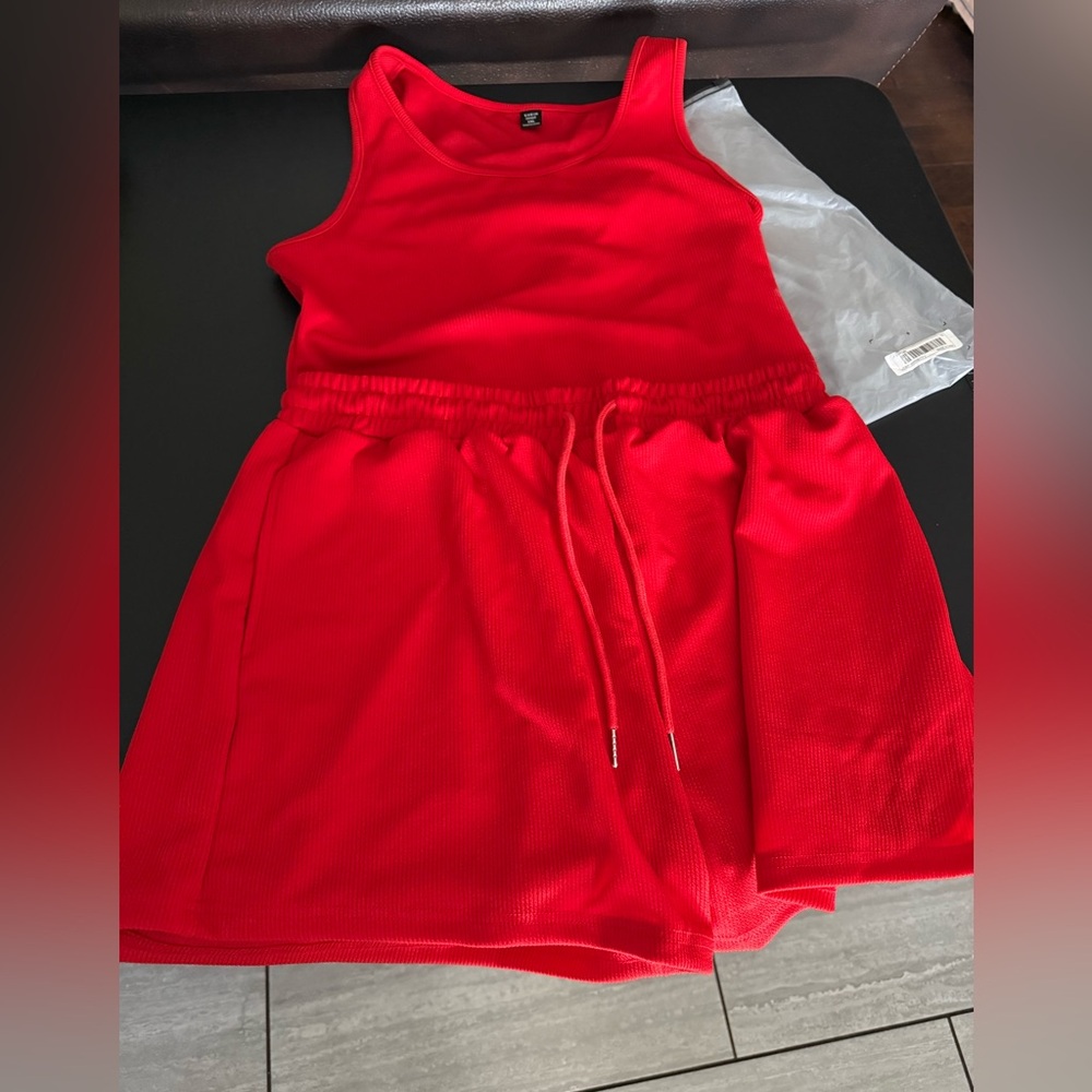Shein Red tank top , shorts and bonus red beanie hat